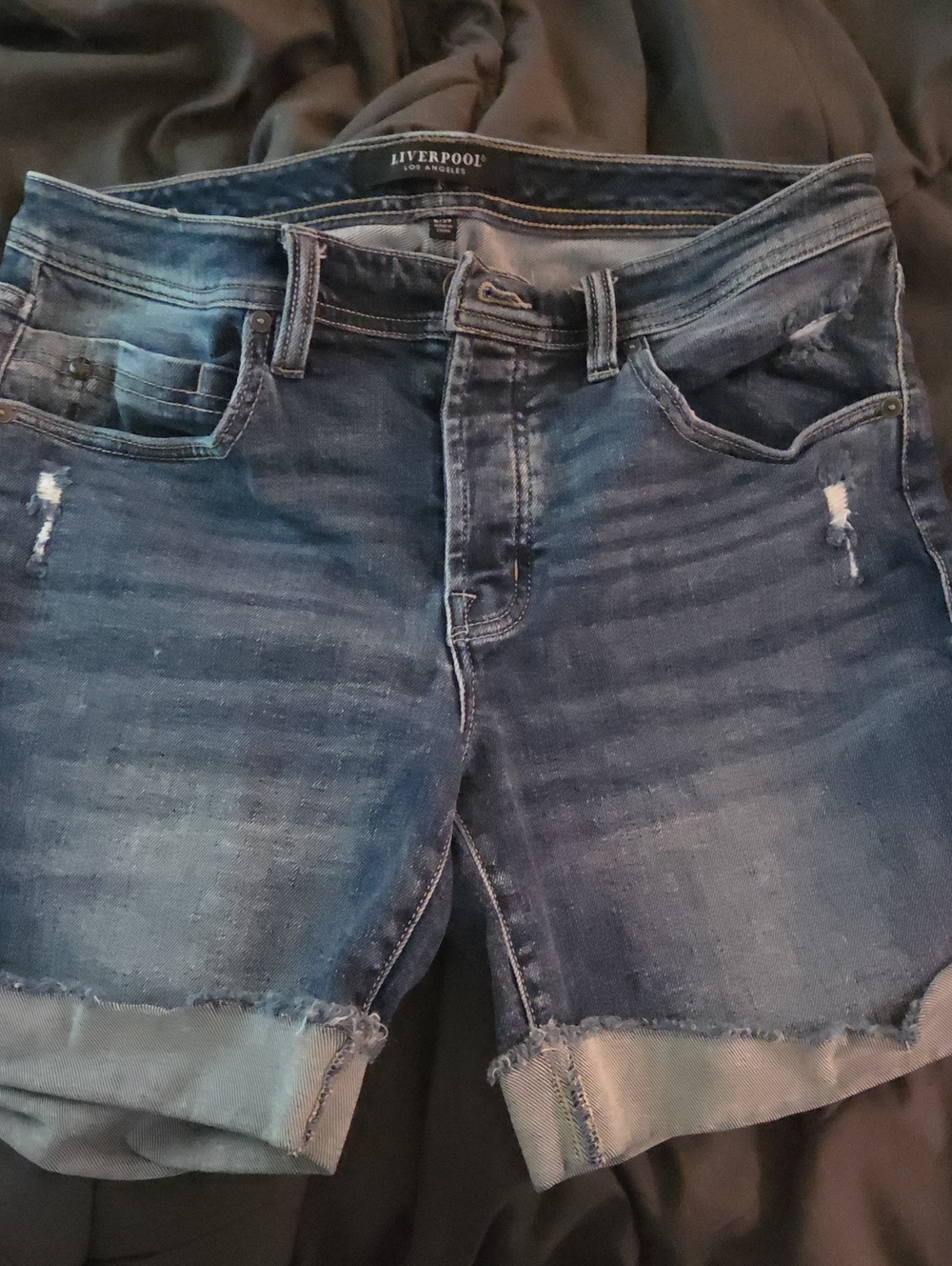 Liverpool Blue Distressed Denim Ankle Shorts